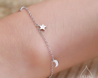 Sterling Silver Moon and Star Charm Bracelet, Silver or Gold, Moon and Star Charm Bracelet, Celestial Jewellery