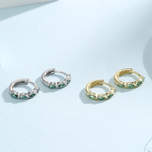 Emerald Green Marquise CZ Huggie Hoop in Sterling Silver, Silver or Gold, Minimalist Simple Green Hoop Earrings