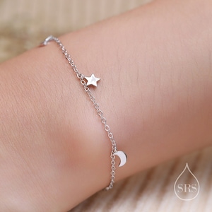 Sterling Silver Moon and Star Charm Bracelet, Silver or Gold, Moon and Star Charm Bracelet, Celestial Jewellery