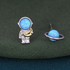 Mismatched Astronaut and Planet Stud Earrings in Sterling Silver, Asymmetric Planet and Spaceman Earrings with Blue Opal, Cute and Fun image 1