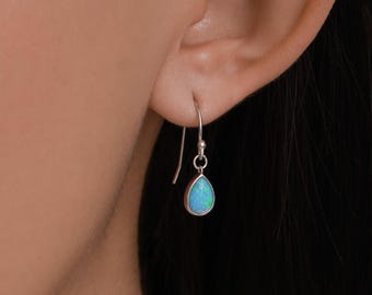 Blue Opal Droplet Drop Hook Earrings in Sterling Silver, Delicate Blue Opal Earrings, Pear Shape Opal Earrings