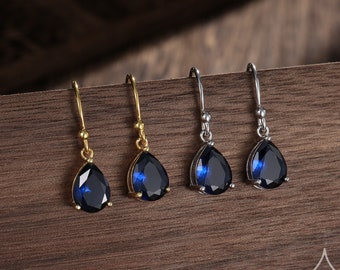 Sapphire Blue Pear Cut CZ Drop Earrings in Sterling Silver, Silver or Gold, Blue Droplet Dangle Earrings