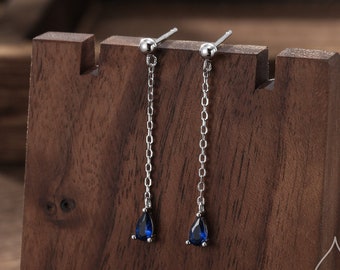 Orecchini pendenti con goccia CZ blu zaffiro con catena Orecchini a bottone pendenti in argento sterling, argento o oro, orecchini pendenti con pera CZ blu