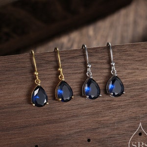 Sapphire Blue Pear Cut CZ Drop Earrings in Sterling Silver, Silver or Gold, Blue Droplet Dangle Earrings