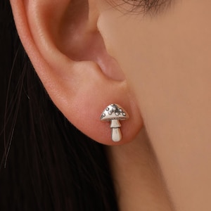 Cute Mushroom Stud Earrings in Sterling Silver, Oxidised Silver or Gold or Rose Gold Finish, Small Mushroom Earrings image 1