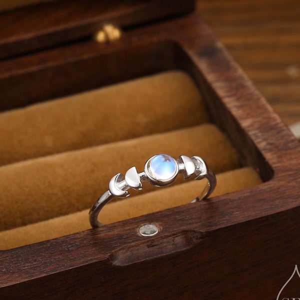 Sterling Silver Moon Phase Ring with Simulated Moonstone, Adjustable Size, Celestial Jewellery, Dainty and Delicate, Moon Ring