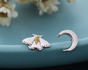 Mismatched Moth and Moon Stud Earrings in Sterling Silver, Asymmetric Moth and Crescent Moon Earrings