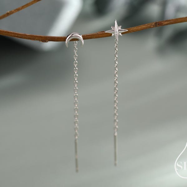 Extra Tiny CZ Starburst and Moon Threader Earrings in Sterling Silver, Silver or Gold or Rose Gold, North Star Ear Threaders, Star Threaders