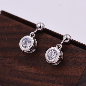Tiny Dangling Solitaire CZ Stone (Simulated Diamond) Drop Stud Earrings in Sterling Silver, Classic Minimalist Geometric Design, Delicate