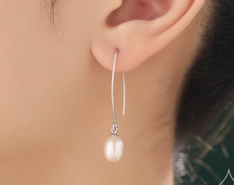 Genuine Freshwater Pearl V Shape Long Drop Hook Earrings in Sterling Silver, Delicate Oval Pearl Earrings, Genuine Pearl Drop Earrings