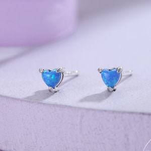 Extra Tiny Ocean Blue Opal Heart Stud Earrings in Sterling Silver - 3mm Fire Opal - Sustainable Lab Opal - Petite Stud Earrings