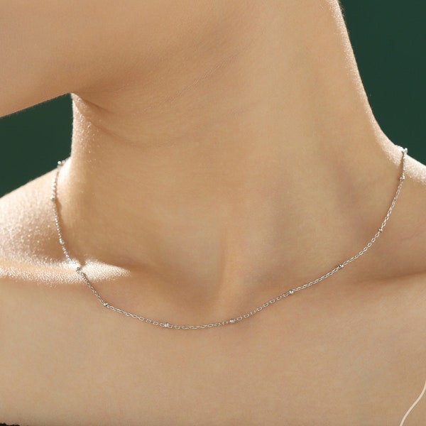 Minimalist Dainty Bead Motif Necklace in Sterling Silver, Various Lengths, Silver or Gold or Rose Gold, Satellite Chain Bead Choker Necklace