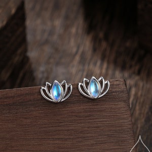 Lotus Flower Moonstone Stud Earrings in Sterling Silver, Silver or Gold, Lab Moonstone Lotus Earrings, Nature Inspired, Botanical Earrings image 1