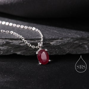 Tiny Genuine Raw Ruby Crystal Oval Pendant Necklace in Sterling Silver, 5x7mm Tiny Oval Natural Ruby Necklace, July Birthstone