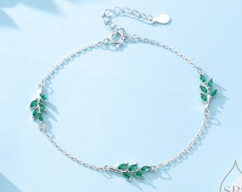Pulsera con motivo de hoja CZ verde esmeralda en plata de ley, plata u oro, pulsera de hoja de olivo de cristal, pulsera de rama de olivo