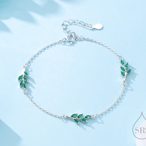 Emerald Green CZ Leaf Motif Bracelet in Sterling Silver, Silver or Gold, Crystal Olive Leaf Bracelet, Olive Branch Bracelet