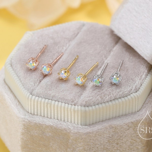 Sterling Silver Aurora AB CZ Stud Earrings,  Extra Tiny 3mm Minimal Aurora Colour Changing CZ Earrings, Tiny Iridescent Crystal Stud