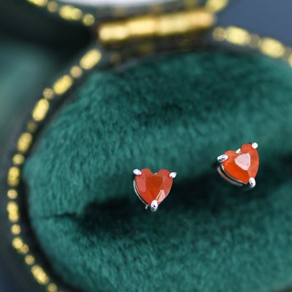 Genuine Carnelian Crystal Heart Stud Earrings in Sterling Silver, Heart Stud Earrings, Tiny Heart Earrings