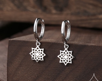 Mandala Flower Dangle Huggie Hoop in Sterling Silver, Silver or Gold or Rose Gold, Skinny Mandala Earrings, CZ Flower Hoops Mandala Flower