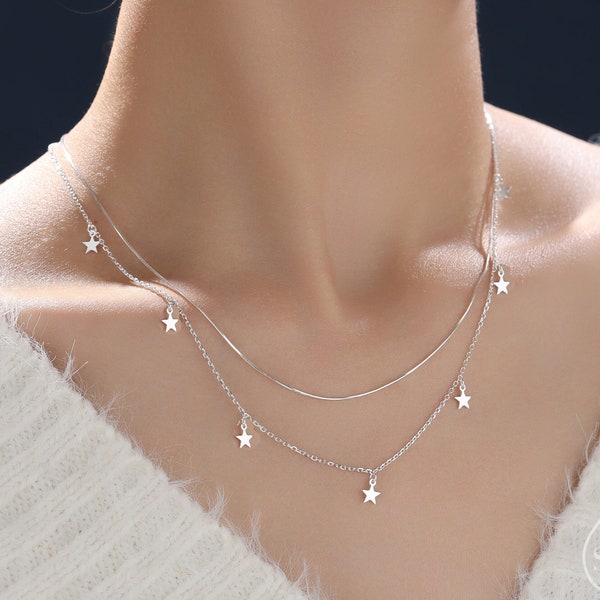 Double Layer Tiny Star Charm Necklace in Sterling Silver, Star Motif Two Layer Necklace, Adjustable Length, Extra Small Pendant