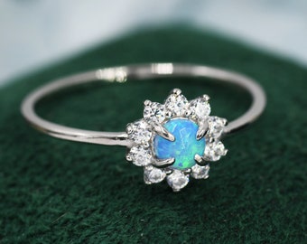 Blue Opal CZ Halo Ring in Sterling Silver, US 5 - 8, 4x6mm, Lab Opal Stone Ring, Blue Opal Ring