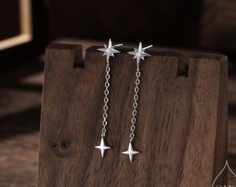 Pendientes Starburst Dangle Chain Stud en plata de ley, plata u oro u oro rosa, pendientes de estrella de plata de ley, pendientes de estrella del norte