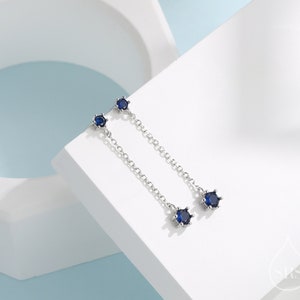 Sapphire Blue CZ Dangle Chain Stud Drop Earrings in Sterling Silver, Silver or Gold, Geometric Double CZ Chain Earrings, CZ Drop Earrings