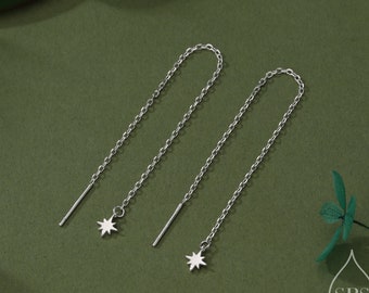Extra Tiny Starburst Threader Earrings in Sterling Silver, Silver or Gold, North Star Ear Threaders, 10cm long threaders, Double Piecing
