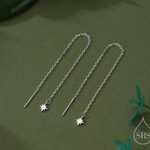Extra kleine Sterne Einfädler Ohrringe in Sterling Silber, Silber oder Gold, Nordsterne Einfädler, 10 cm lange Einfädler, Doppel-Fädelarbeit