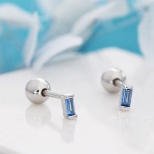 Extra Tiny Aquamarine Blue Baguette CZ Screw Back Earrings in Sterling Silver, Stacking Earrings, Barbell Earrings, Helix Earrings