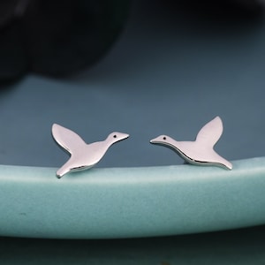 Flying Duck Stud Earrings in Sterling Silver, Flying Goose Earrings, Bird Earrings, Nature Inspired Animal Earrings