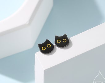 Black Cat Stud Earrings in Sterling Silver, Black Rhodium Coated Cat Earrings, Cute Cat Earrings, Silver Cat Earrings, Nature Inspired