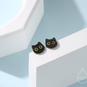 Clous d'oreilles chat noir en argent sterling, Boucles d'oreilles chat enduites de rhodium noir, Boucles d'oreilles chat mignon, Boucles d'oreilles chat en argent, Inspiré de la nature