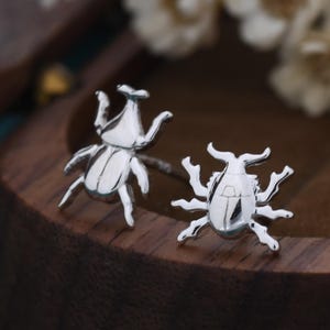 Tiny Mismatched Little Stag Beetle Stud Earrings in Sterling Silver, Silver or Gold, Asymmetric Beetle Earrings, Bugs Earrings, Bugs Stud