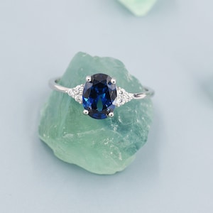 Oval Sapphire CZ Ring in Sterling Silver, Simulated Sapphire Ring, Vintage Inspired Design, US 5 - 7.5