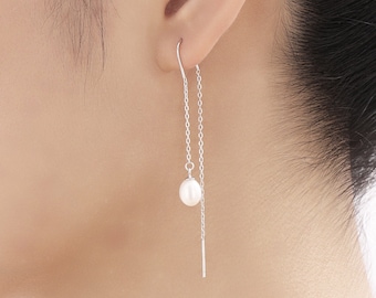 Genuine Fresh Water Pearl U Shape Threader Earrings in Sterling Silver,  Silver or Gold or Rose Gold finish Ear Threaders, Long Threaders,