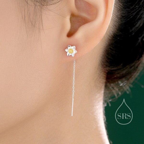 Daffodil Flower Threader Earrings in Sterling Silver, Daffodil with Dangle Chain Earrings,  Daffodil Pull Through Chain Earrings