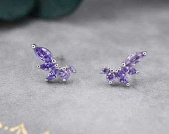 Amethyst Purple CZ Marquise Cluster Stud Earrings in Sterling Silver, Silver or Gold, Marquise Earrings, CZ Wing Earrings, Mini Crawler