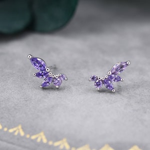 Amethyst Purple CZ Marquise Cluster Stud Earrings in Sterling Silver, Silver or Gold, Marquise Earrings, CZ Wing Earrings, Mini Crawler