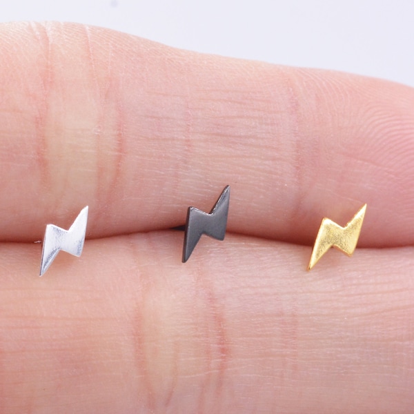 Extra Tiny Lightning Bolt Stud Earrings in Sterling Silver, Silver, Gold and Black, Barely Visible Earrings, Cute and Fun