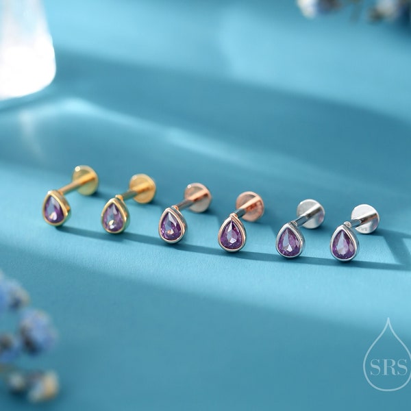 Purple CZ Droplet 16G Internally Threaded Flat Back Earrings in Sterling Silver