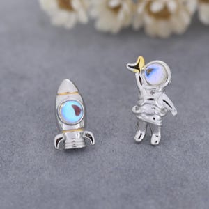 Mismatched Astronaut and Rocket Stud Earrings in Sterling Silver with Lab Moonstone, Asymmetric Rocket and Astronaut Spaceman Earrings