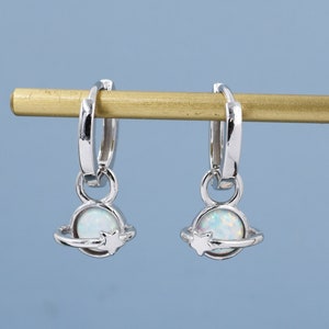 White Opal Planet and Star Huggie Hoop Earrings in Sterling Silver, Silver or Gold, Simulated Opal, Detachable Charms, Saturn Earrings