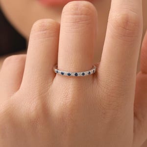 Sapphire Blue and Clear CZ Half Eternity Ring in Sterling Silver, Silver or Gold, Sapphire Blue CZ Skinny Ring, Stacking Ring US 5 - 8