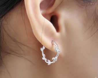 Sterling Silver Dainty Olive Leaf Hoop Earrings, Delicate Olive Leaf Wreath Hoops, Olive Branch Thread Through Hoops, Large Leaf Hoops