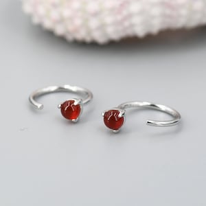 Genuine Red Onyx Huggie Hoop Earrings in Sterling Silver, 3mm Natural Red Chalcedony Open Hoops, Pull Through Threaders, Half Hoops, C Shape