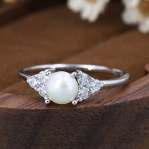 Genuine Freshwater Pearl and CZ  Ring in Sterling Silver, Silver,  Gold or Rose Gold, Natural Pearl Ring, US 5 - 8