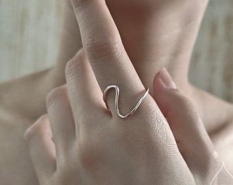 Peut inclure: Une bague argentée polie présentant un design ondulé continu unique qui se courbe sur le doigt. L'anneau est fin et lisse, créant une forme fluide et ouverte. Un petit logo circulaire avec une icône de goutte d'eau et les lettres SRS est visible.