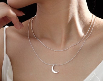 Double Layer Crescent Moon Pendant Necklace in Sterling