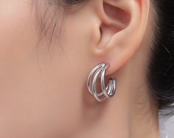 Chunky Triple Hoop Earrings in Sterling Silver, Silver or Gold Finish, Large Hoop Earrings, Chunky but Light Weight